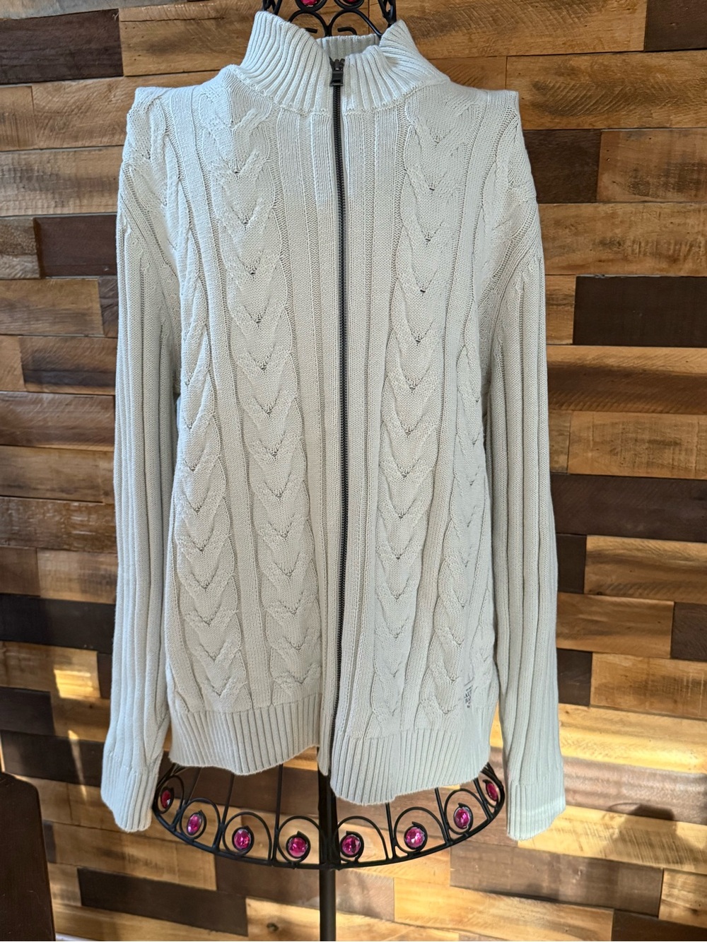 Nautica Jeans Co Men's Large Cable Knit Full Zip Mock Neck Sweater Cream L Excel